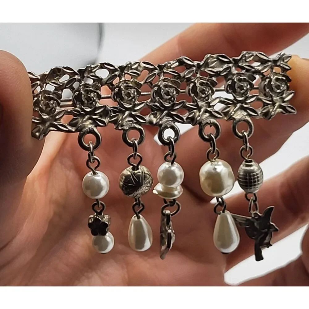 Platinum Plated Dangling Imitatition Pearl Rose Brooch Pin 2.5in